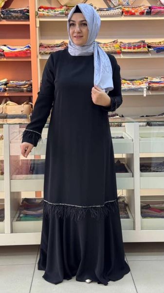 Etek Ucu Kolları Tüy Detaylı Abiye Siyah/82031
