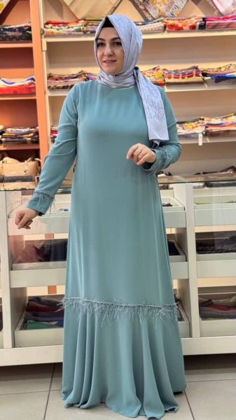 Etek Ucu Kolları Tüy Detaylı Abiye Mint/82031
