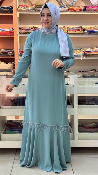 Etek Ucu Kolları Tüy Detaylı Abiye Mint/82031