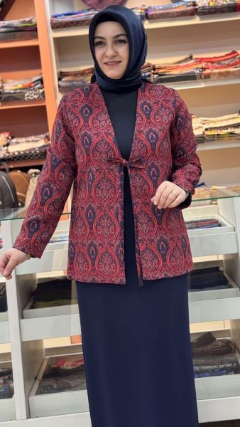 Etnik Desen Bağcıklı Ceket Bordo/71347