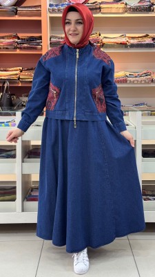 Etnik Desenli Kot Etekli Takım Koyu Lacivert/10893 - Thumbnail