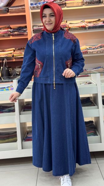 Etnik Desenli Kot Etekli Takım Koyu Lacivert/10893