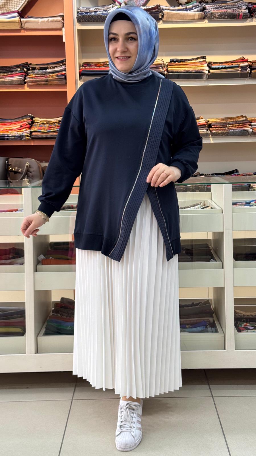 Puane - Fermuar Görünümlü Yırtmaç Detaylı Tunik Lacivert/10771