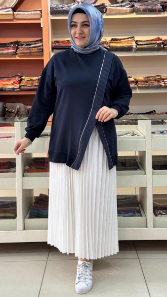 Fermuar Görünümlü Yırtmaç Detaylı Tunik Lacivert/10771