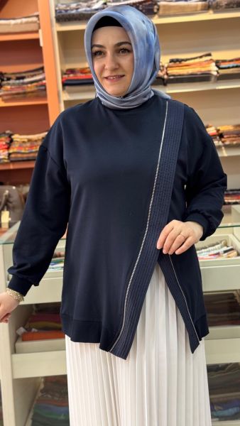 Fermuar Görünümlü Yırtmaç Detaylı Tunik Lacivert/10771