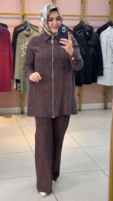 Fermuar Ucu Taş Detaylı Kendinden Desenli Kap Kahve/21600 - Thumbnail