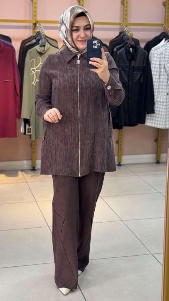 Fermuar Ucu Taş Detaylı Kendinden Desenli Kap Kahve/21600