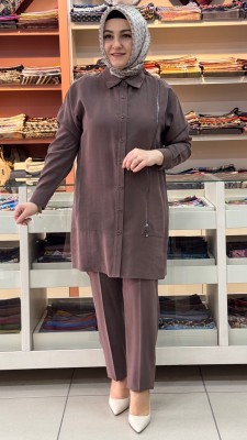 Fermuar Ve Düğme Detaylı Pantolonlu Takım Kahve/6182 - Thumbnail