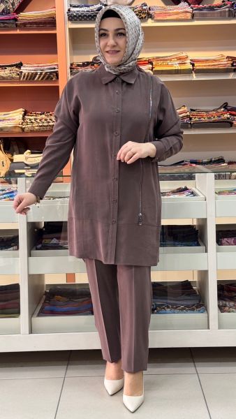 Fermuar Ve Düğme Detaylı Pantolonlu Takım Kahve/6182