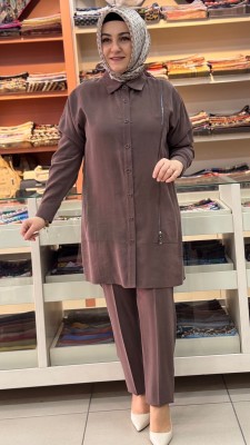 Fermuar Ve Düğme Detaylı Pantolonlu Takım Kahve/6182 - Thumbnail