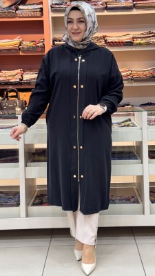 Fermuarlı Çıt Çıt Görünümlü Kapşonlu Kap Siyah/15251 - Thumbnail