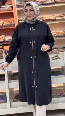 Fermuarlı Çıt Çıt Görünümlü Kapşonlu Kap Siyah/15251 - Thumbnail