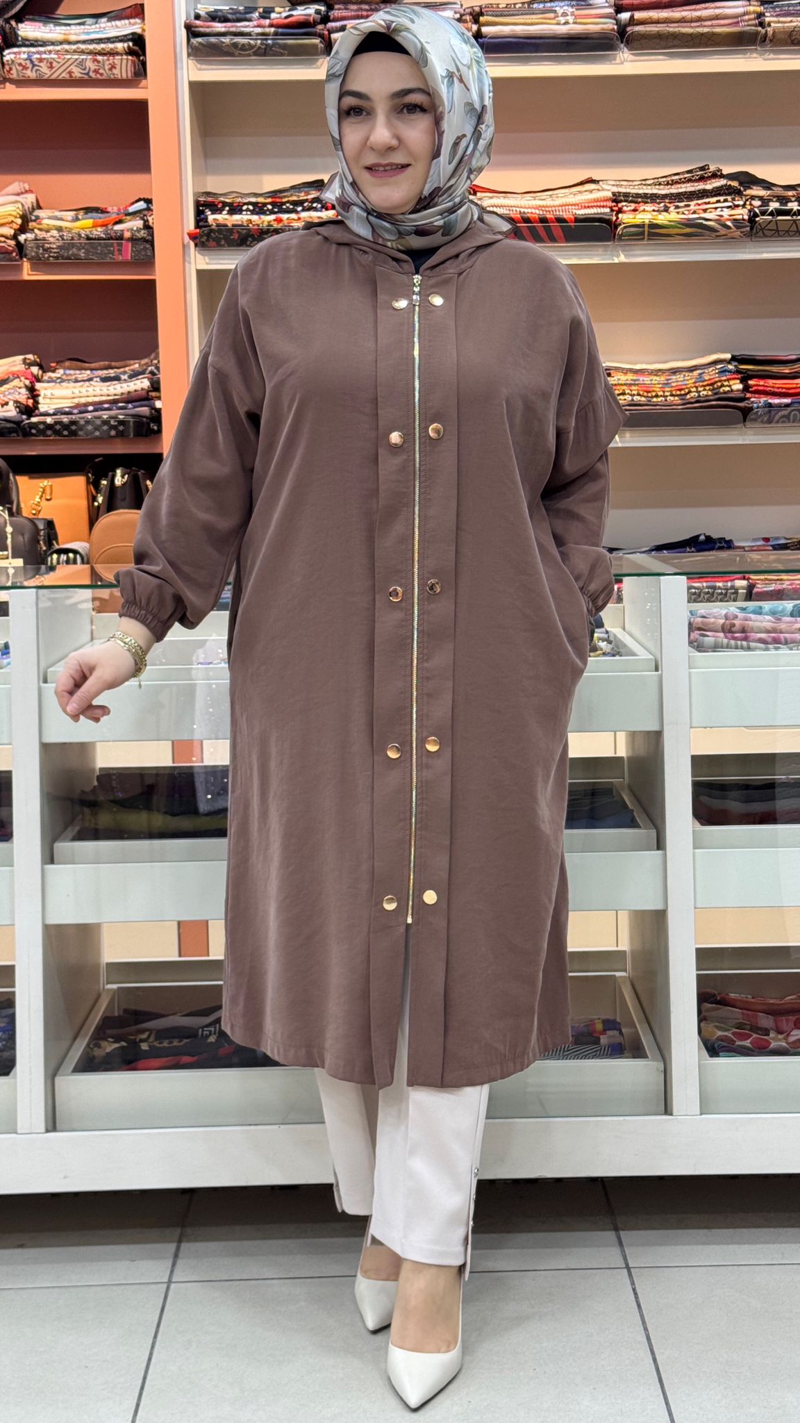 Puane - Fermuarlı Çıt Çıt Görünümlü Kapşonlu Kap Kahve/15251