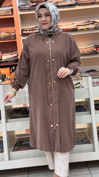 Fermuarlı Çıt Çıt Görünümlü Kapşonlu Kap Kahve/15251