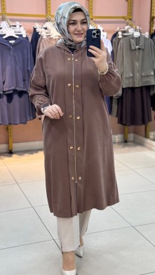 Fermuarlı Çıt Çıt Görünümlü Kapşonlu Kap Kahve/15251 - Thumbnail