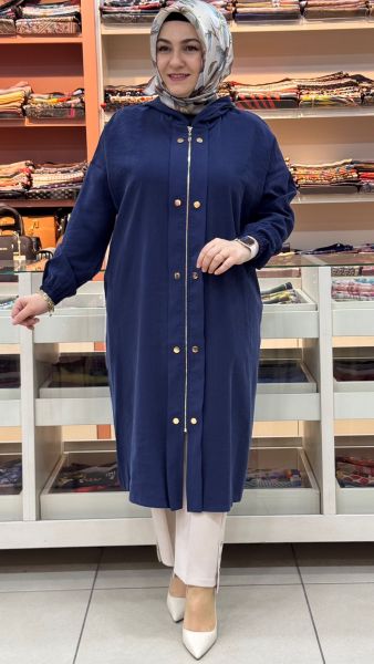 Fermuarlı Çıt Çıt Görünümlü Kapşonlu Kap Lacivert/15251