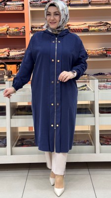 Fermuarlı Çıt Çıt Görünümlü Kapşonlu Kap Lacivert/15251 - Thumbnail