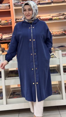 Fermuarlı Çıt Çıt Görünümlü Kapşonlu Kap Lacivert/15251 - Thumbnail