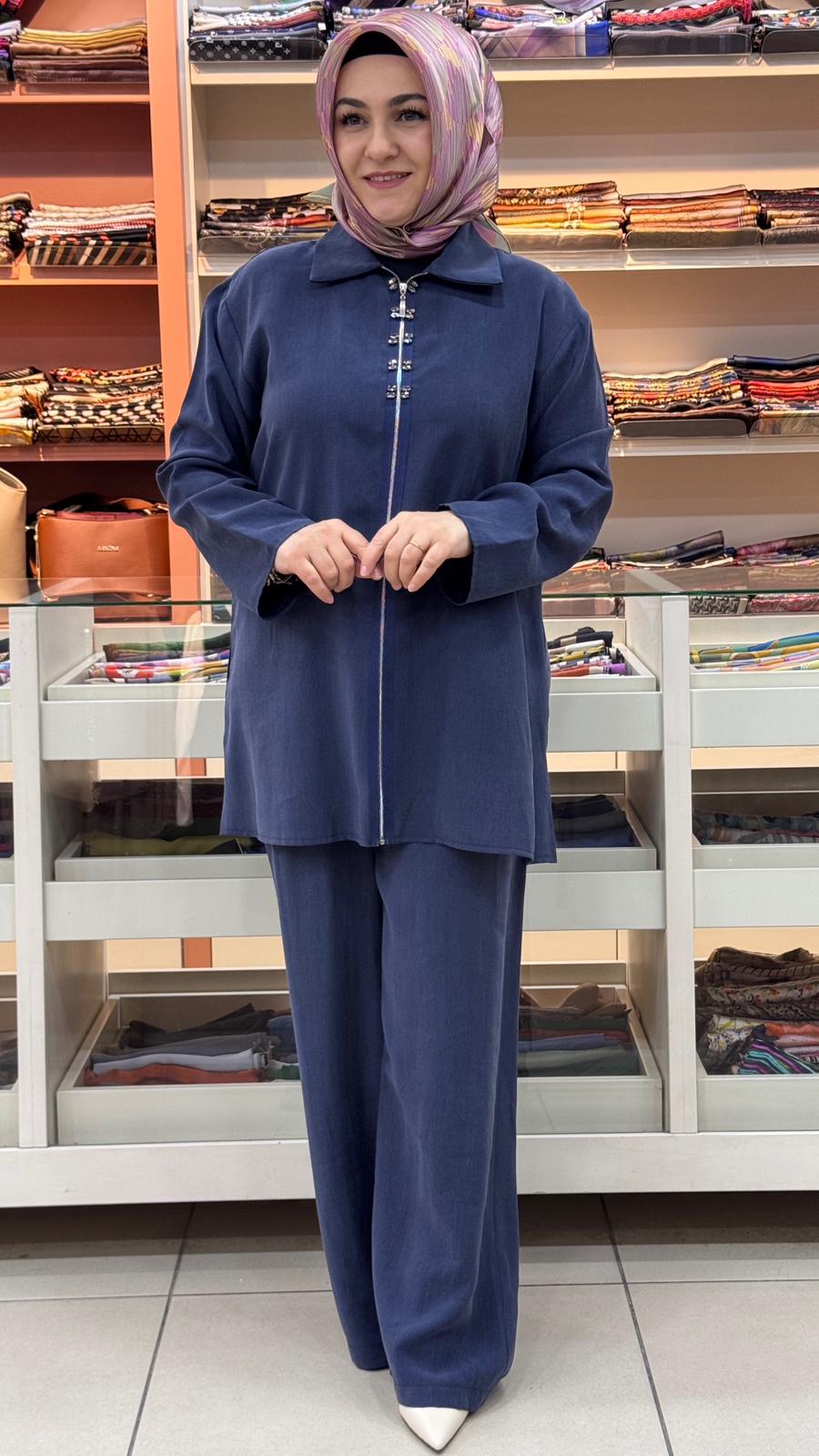 Puane - Fermuarlı Taş İşlemeli Pantolonlu Takım Lacivert/14446