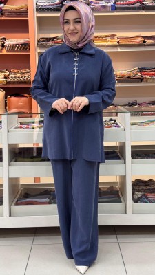 Puane - Fermuarlı Taş İşlemeli Pantolonlu Takım Lacivert/14446