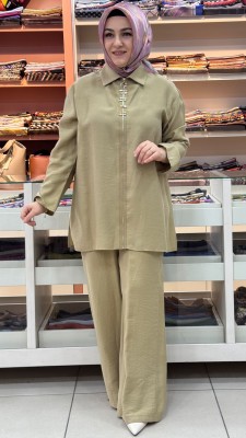 Puane - Fermuarlı Taş İşlemeli Pantolonlu Takım Yağ Yeşili/14446