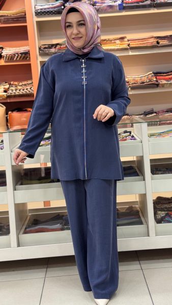 Fermuarlı Taş İşlemeli Pantolonlu Takım Lacivert/14446