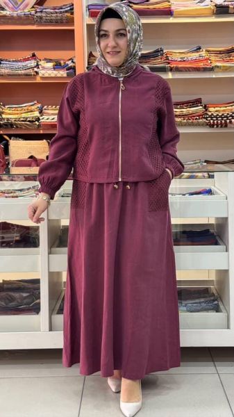 File Detaylı Etekli Takım Bordo/10860