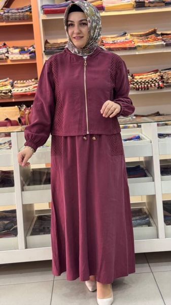 File Detaylı Etekli Takım Bordo/10860