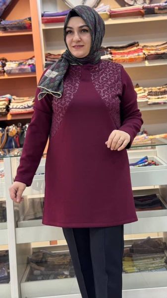 File Ve Deri Detaylı Tunik Bordo/2304