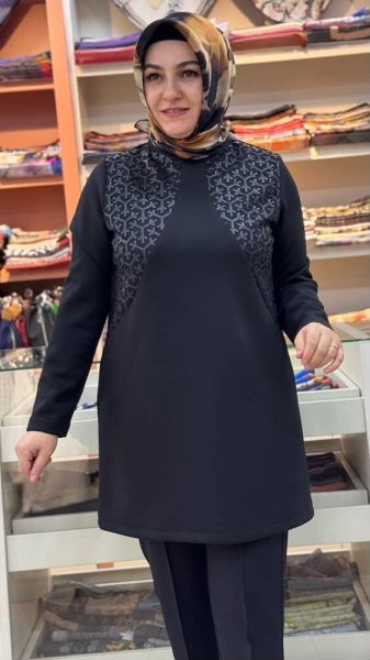 File Ve Deri Detaylı Tunik Siyah/2304