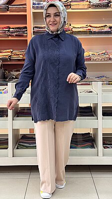 Fırfır Desen Çiçek Nakış İşlemeli Gömlek Tunik Lacivert/260107 - Thumbnail