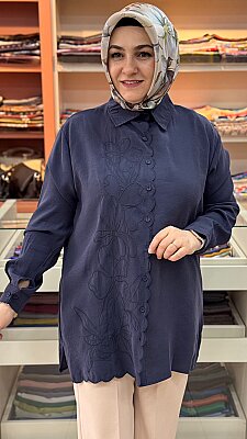 Fırfır Desen Çiçek Nakış İşlemeli Gömlek Tunik Lacivert/260107 - Thumbnail