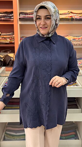 Fırfır Desen Çiçek Nakış İşlemeli Gömlek Tunik Lacivert/260107 