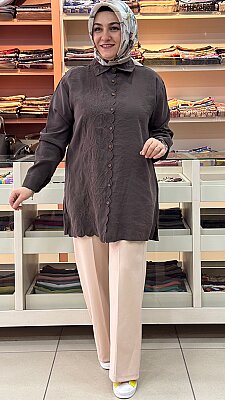 Fırfır Desen Çiçek Nakış İşlemeli Gömlek Tunik Kahverengi/260107 - Thumbnail