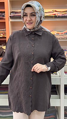 Fırfır Desen Çiçek Nakış İşlemeli Gömlek Tunik Kahverengi/260107 - Thumbnail