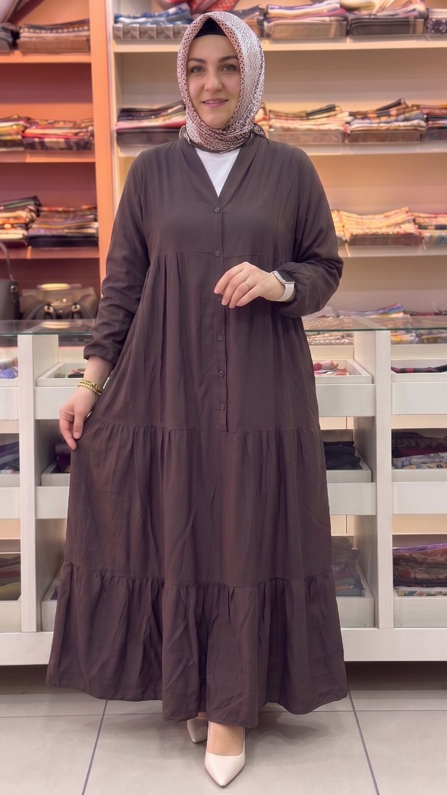 İnza Moda - Fırfır Detaylı Düğmeli Elbise Kahve / 1392