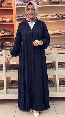 İnza Moda - Fırfır Detaylı Yarım Düğmeli Elbise Siyah / 1392 