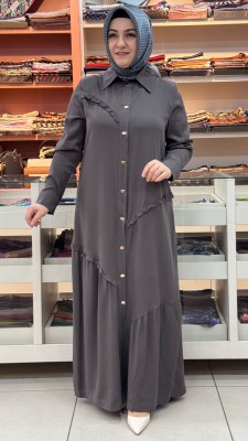 Fırfır Ve Düğme Detaylı Elbise Kahverengi/1175 - Thumbnail