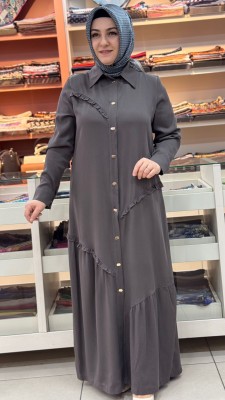 Fırfır Ve Düğme Detaylı Elbise Kahverengi/1175 - Thumbnail