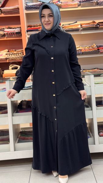 Fırfır Ve Düğme Detaylı Elbise Siyah/1175