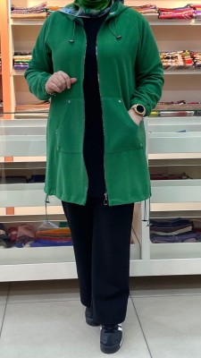  - Fitilli Fermuar Detaylı Cepli Hırka Yeşil/9037