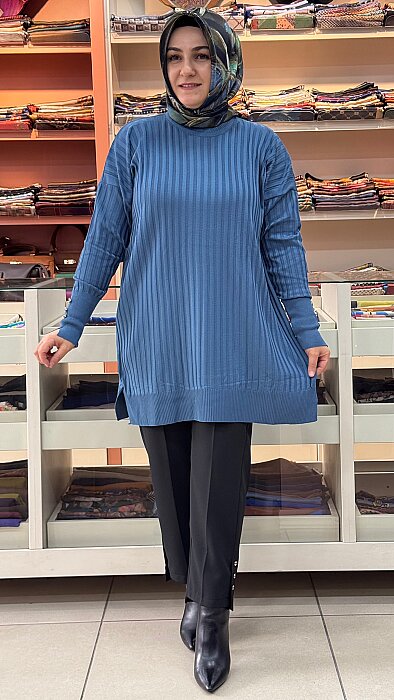 Fitilli Triko Tunik Mavi/31702  