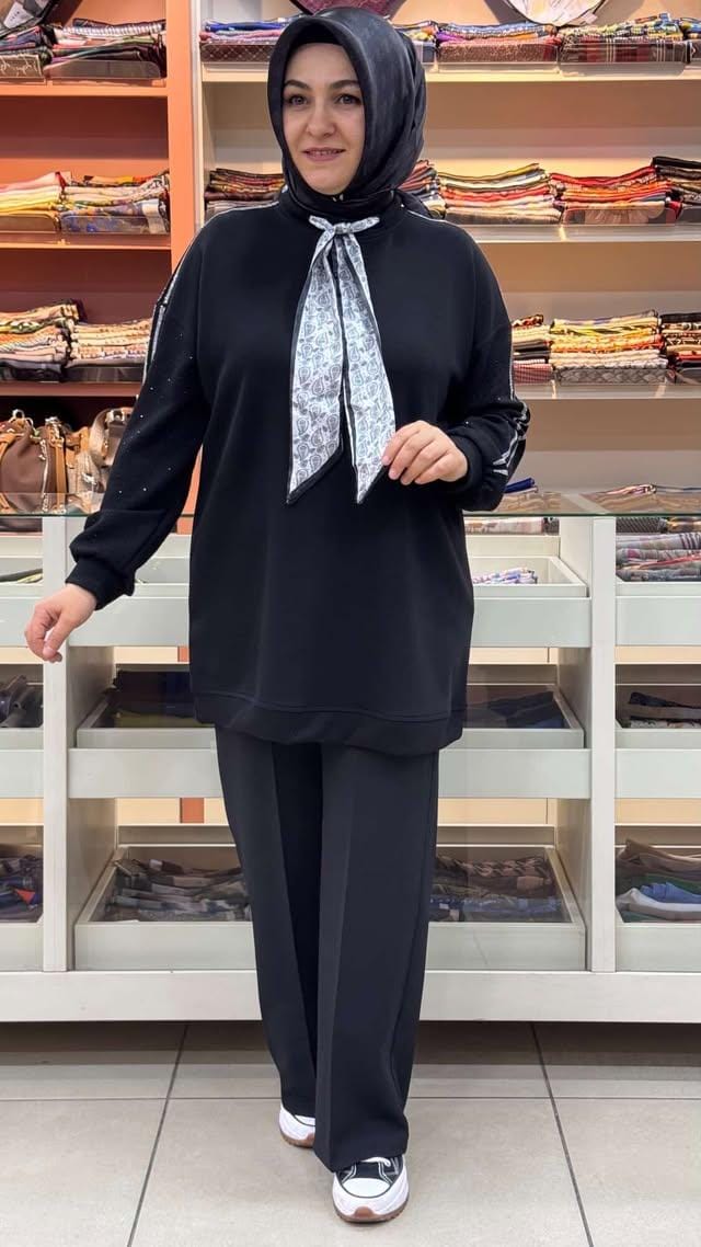 Aynaz - Flar Detaylı Kolları Taşlı Tunik Siyah/170269