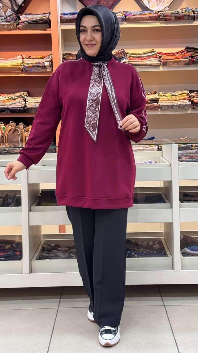 Aynaz - Flar Detaylı Kolları Taşlı Tunik Bordo/170269