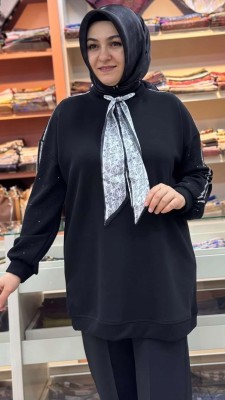 Flar Detaylı Kolları Taşlı Tunik Siyah/170269 - Thumbnail