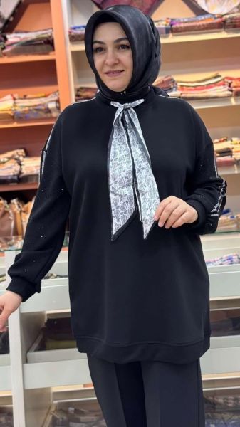 Flar Detaylı Kolları Taşlı Tunik Siyah/170269