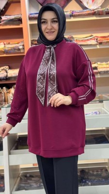 Flar Detaylı Kolları Taşlı Tunik Bordo/170269 - Thumbnail