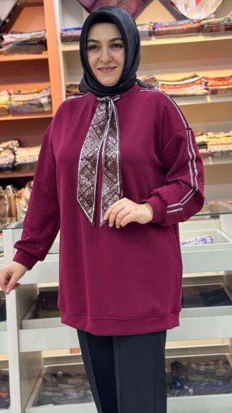Flar Detaylı Kolları Taşlı Tunik Bordo/170269