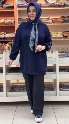 Flar Detaylı Kolları Taşlı Tunik Lacivert/170269 - Thumbnail