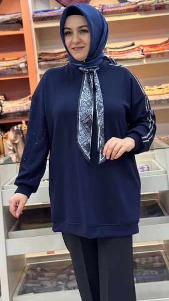 Flar Detaylı Kolları Taşlı Tunik Lacivert/170269